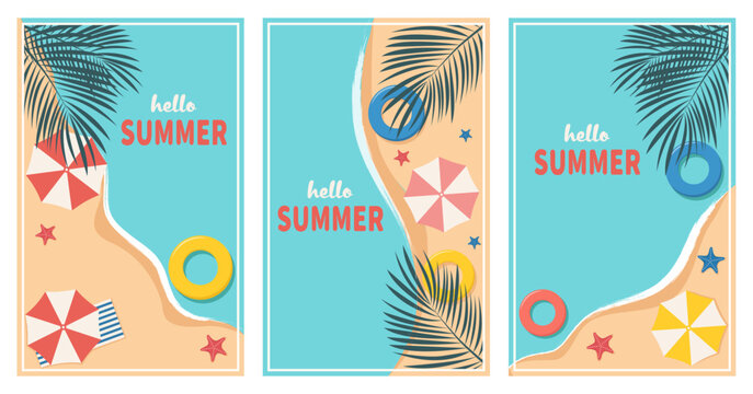 Vector set of summer backrounds with palm leaves, starfish, beach, umbrella. Vertical summer poster template.Vector illustration