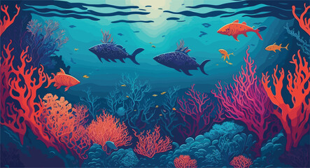Naklejka na ściany i meble vector style background image that captures the essence of underwater life, combining intricate coral reefs, vibrant marine creatures, and shimmering rays of light filtering through the ocean depths.