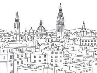 Alluring monochrome image of Spanish architecture ignites children's creativity in coloring books, excellent for promoting cultural learning in education. Generative AI