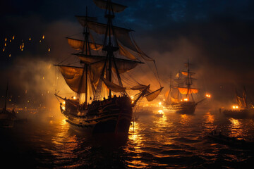 Old sailing ships battle on the sea at night with dark background, fire battle. Generative AI