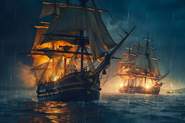 Old sailing ships battle on the sea at night with dark background, fire battle. Generative AI