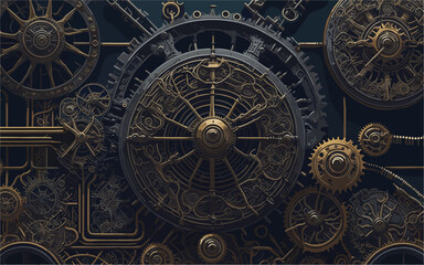 Fototapeta na wymiar a vector background image that portrays a steampunk-inspired world, with intricate gears, cogs, and mechanical contraptions intertwined with Victorian-era architecture and industrial elements.