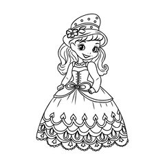 Obraz na płótnie Canvas Cute cartoon girl dressed ball dress and tiara outline for coloring on a white background