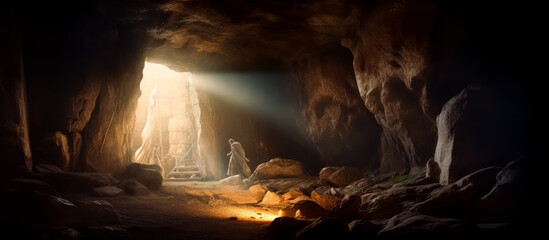 Sun rising on Easter, Jesus's stone tomb in the cave with a cross, Eastern sunrise. Generative Ai.