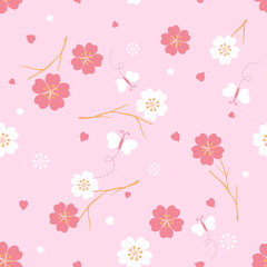 Seamless pattern with cherry blossom Sakura flower on pink background vector. 