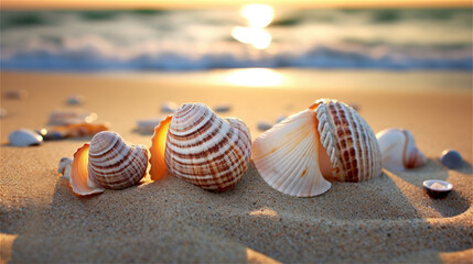 Coastal Treasures: Seashells on Sunlit Beach Sands