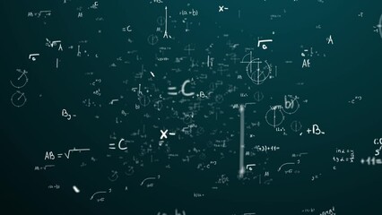 Math and physics formulae pass through the screen and fall away. Animation of maths equations. Fast movement of plexus formulas. Science, technology Genetics biology, biotechnology, chemistry, science - Powered by Adobe