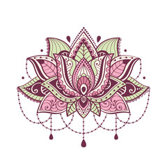 Boho style lotos flower, isolated on white background, hand drawn vector illustration - 610359308