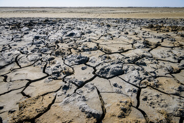Dry cracks in the earth on a cloudy day in Camargue