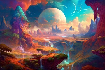Fototapeta na wymiar Fantastical Planet with Swirling Clouds and Colorful Landscape Created with Generative AI