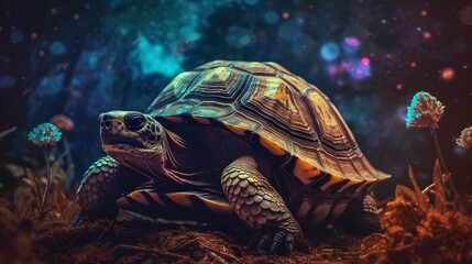 Fototapeta na wymiar Turtle in a bioluminescent forest created with Generative AI technology
