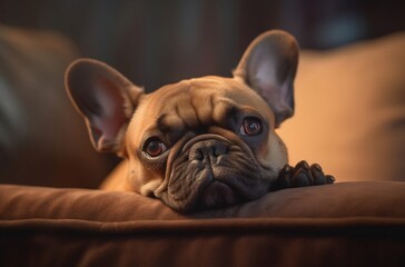 French bulldog resting on a couch. Generative Ai.