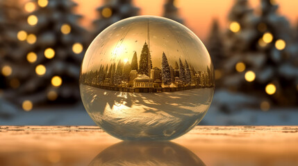 Fototapeta na wymiar Holiday background transparent ball with trees, snowy background winter, Golden holiday lights. Generative Ai.