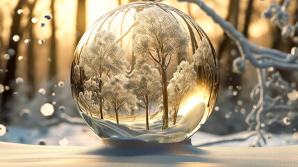 Holiday background transparent ball with trees, snowy background winter, Golden holiday lights. Generative Ai.