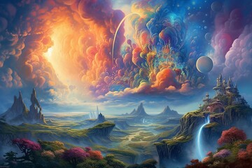 Obraz na płótnie Canvas Fantastical Planet with Swirling Clouds and Colorful Landscape Created with Generative AI