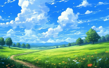 An illustration rendered in a cartoonish manner, depicting winding paths on rolling hills, peaceful meadows, fluffy clouds, and sun-drenched fields bursting with lush greenery.   Generative AI