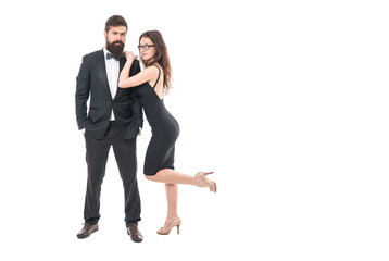 Loving relationship. valentines day. pure elegance. celebrate special occasion. couple in love flirting. love date man and woman. formal couple of tuxedo man and sexy girl. engagement and proposal