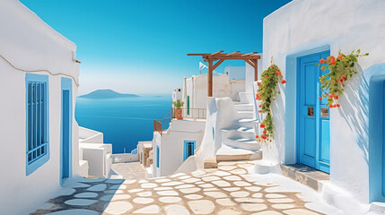 Charming Tranquility: Panoramic View of a Greek Village with Cobbled Streets, Whitewashed Houses, and Aegean Sea Backdrop