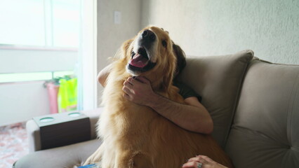 Male Dog owner with his Golden Retriever sitting on couch at home. Man caresses Pet