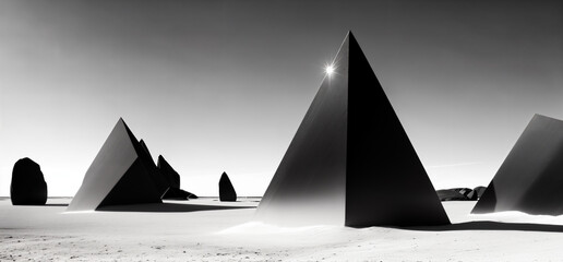 Black and white panoramic fantasy crystal rocks landscape. Generative AI