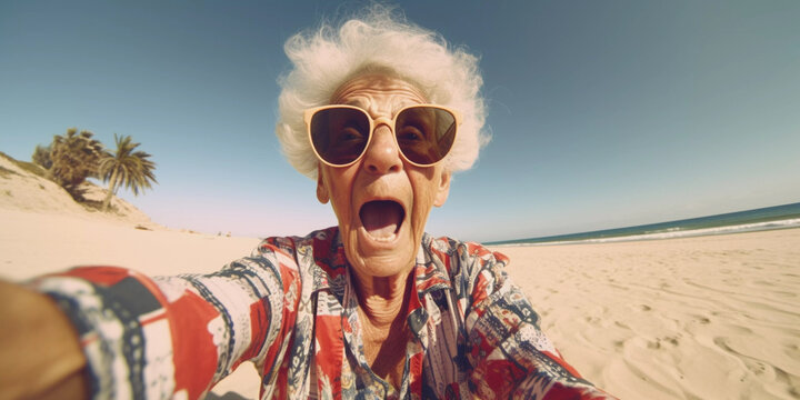 Lifestyle portrait of eccentric elderly woman taking a selfie on beach vacation, close up, Generative AI