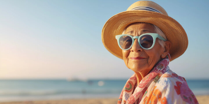 Lifestyle portrait of elderly woman in colorful outfit on beach vacation, close up, Generative AI