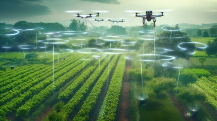 Fototapeta premium Drone flies over agricultural fields by Generative AI