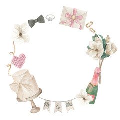 Watercolor wedding frame. Hand drawn illustration on white background
