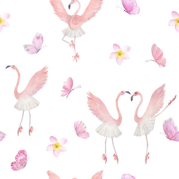 Watercolor seamless pattern with kids ballet and butterflies. Hand drawn  illustration on white background