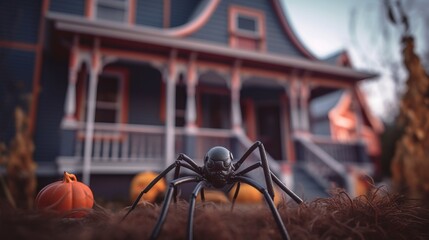 Spider and pumpkins halloween decorations stand next to the house in autumn Generative AI