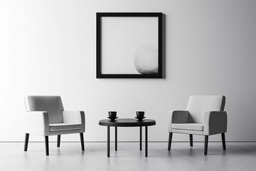 A table in front of a wall with a frame on it. Minimalistic interior design composition. Generative AI