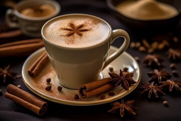 cardamom powder sprinkled on top of a freshly brewed cup of chai tea, with a cinnamon stick and star anise nearby