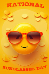 National sunglasses day comic round smiley face wearing a pair of orange sunglasses generative AI illustration