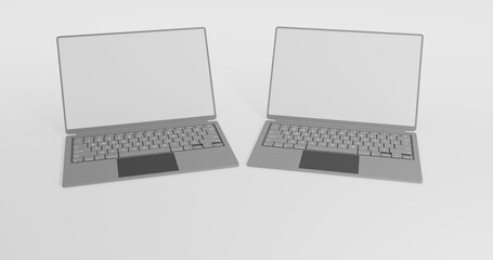 two laptops with white screen on a grey background, isolated. 3d illustration. 4k resolution