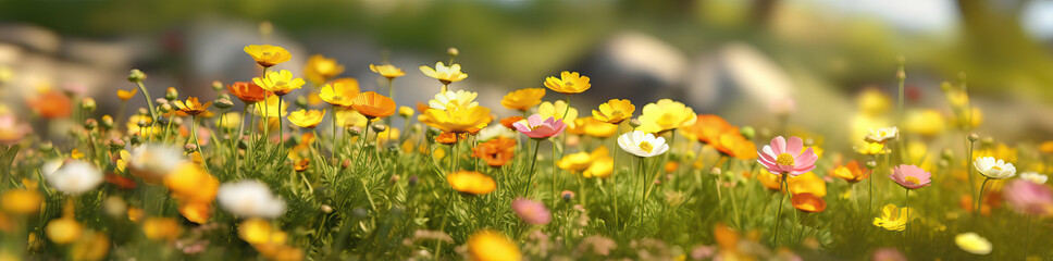 Obraz premium close-up of field with yellow flowers, ai generated