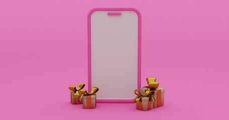 Smartphone mock up blank screen with gifts in a pink color background and funny 3D cartoon style 3D illustration