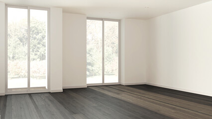 Dark wooden empty room interior design, open space with parquet floor, panoramic windows, white walls, modern contemporary architecture concept idea