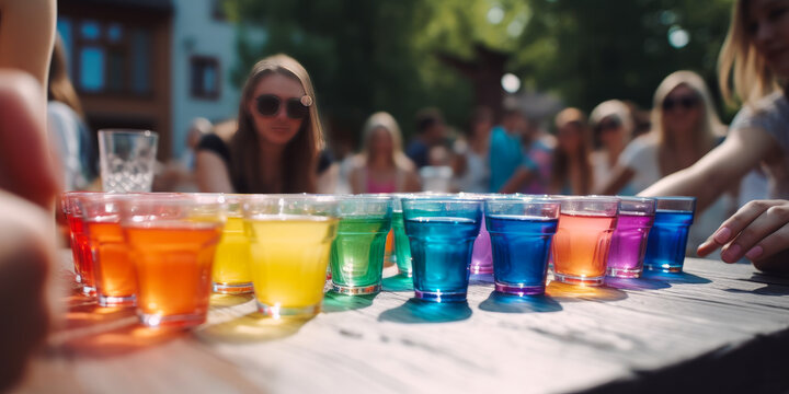 Captivating outdoor garden party scene with an array of vibrant, colorful cocktail glasses on a table, evoking joy and celebration. Ideal for festive events. Generative AI