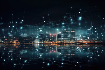 Modern night city landscape with illuminated futuristic buildings with light reflection on water surface and abstract communication network, big data dot point connection created with Generative AI