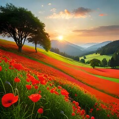 field of poppies and sun