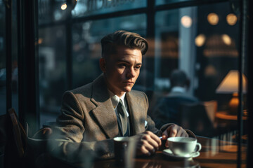 Thoughtful young man in a suit drinking coffee in a cafe. Photorealistic illustration generative AI.