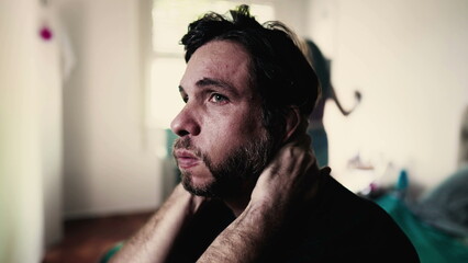 Stressed Man in Crisis_ Listening to Screaming Girlfriend in Background, Boyfriend Struggling with Mental Pressure in Relationship