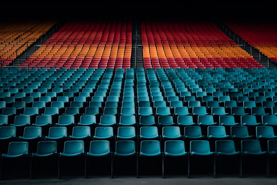 Rows of empty plastic seats in huge auditorium in sports  event football match field. No one came on the performance game or master class, reserved or vacant seats  concept. Generative AI Technology
