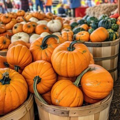 many orange ripe pumpkins are sold at the farmer's market. vegetable trade, outdoor vegetable stand generative ai