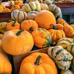 many orange ripe pumpkins are sold at the farmer's market. vegetable trade, outdoor vegetable stand generative ai