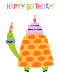 Happy birthday card with fun turtle. Cute animal with cake. Children greeting card for print.