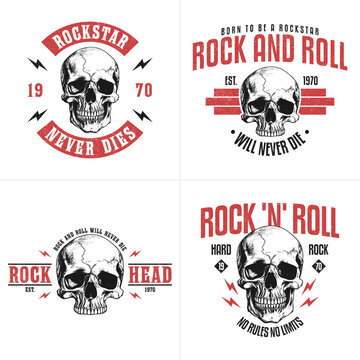 Set of Rock and roll t-shirt design with skull and slogan. Rock music tee shirt graphics with hand-drawn human skull. Vintage apparel print with grunge. Vector illustration.