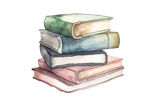 Watercolor of classic vintage stack of books decorating with meadow grass and flower isolated on clear png background, old book, magic spell cast books, with Generative Ai