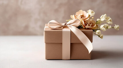 Minimalist brown gift box aesthetic with ribbon and flower background AI Generated