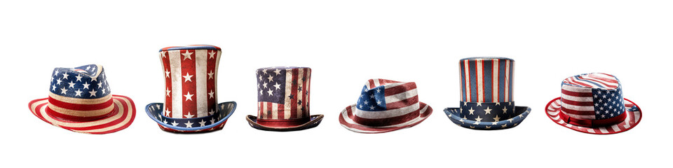 Set of patriotic hats with american US flag colors, 4th of July Independence day celebration, isolated on transparent background, png file - obrazy, fototapety, plakaty